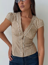 Bradlie Frill Detail Short Sleeve Blouse Top Chocolate Gingham