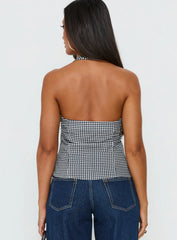 Puzzle Pieces Tie Detail Halter Top Black / White Gingham
