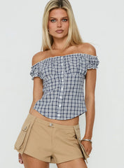 Bravely Off Shoulder Button Up Top Blue Check