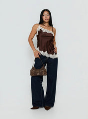 Winta Lace Trim Asymmetrical Satin Top Chocolate