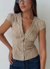 Bradlie Frill Detail Short Sleeve Blouse Top Chocolate Gingham