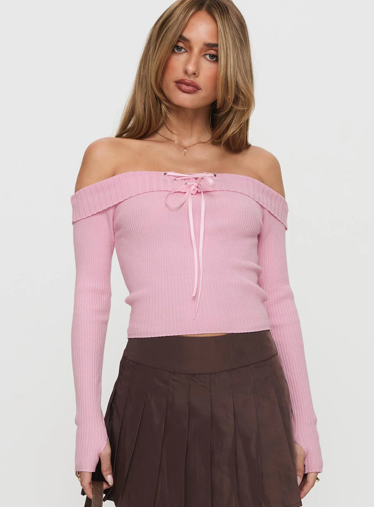 Nighttime Off Shoulder Knit Top Pink