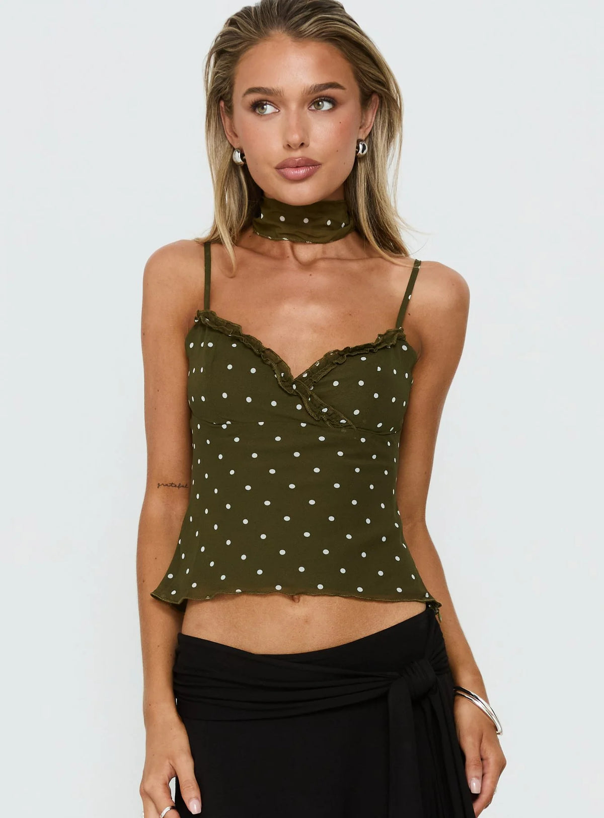 Mishy Scarf Detail Cami Top Olive Polka