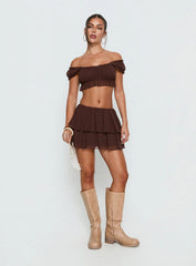 Ackee Ruched Off Shoulder Top Brown