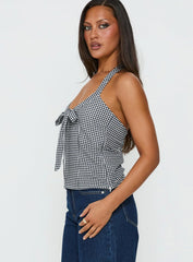 Puzzle Pieces Tie Detail Halter Top Black / White Gingham